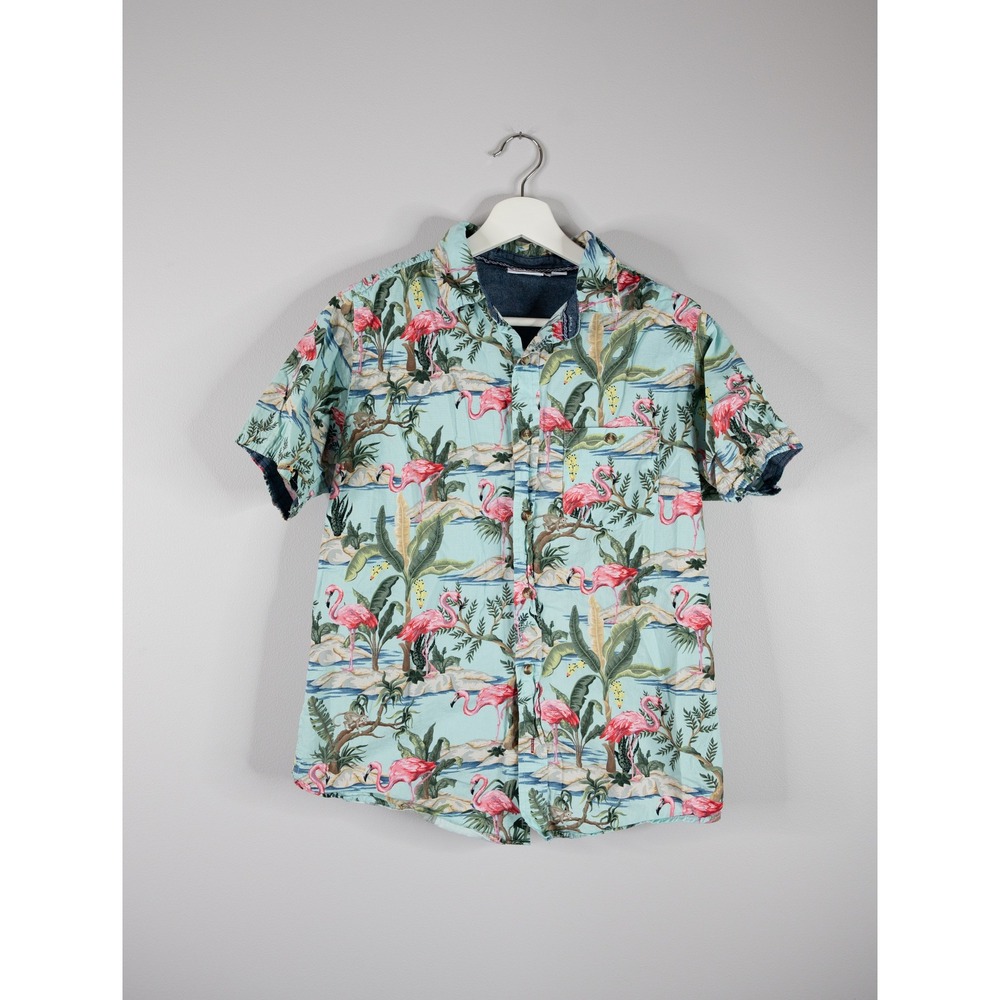 Ron Jon Surf Shop Button Down Mens Small Blue Excellent Flamingo Tropical Shirt